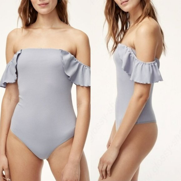 Aritzia Wilfred Black Maeva Bodysuit Ruffled Top Blouse Fine Ribbed Thong Cut M - Picture 2 of 8